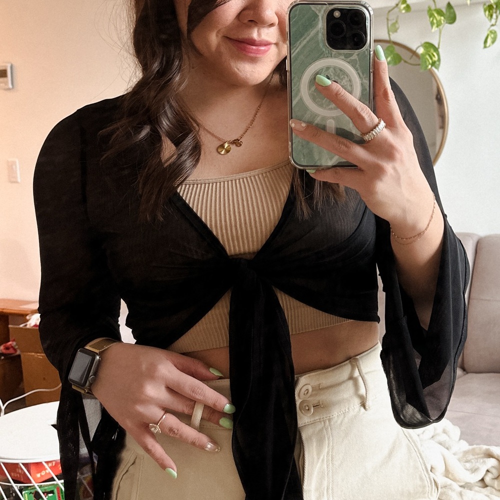 Black Tie-Front Sheer Mesh Shrug Top Flowy Sleeves Swim Coverup